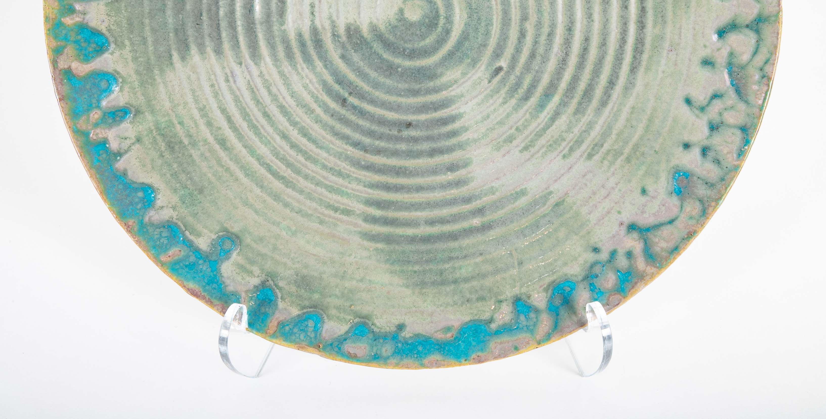 Pewabic Pottery Charger with Iridescent Aqua Glazed Rim