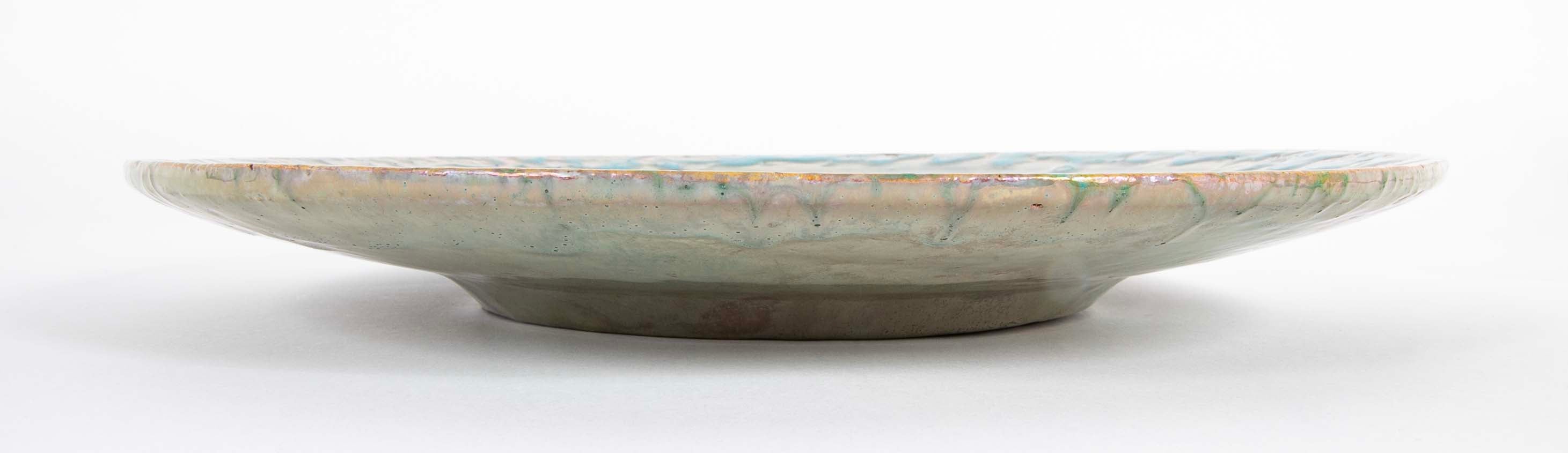 Pewabic Pottery Charger with Iridescent Aqua Glazed Rim