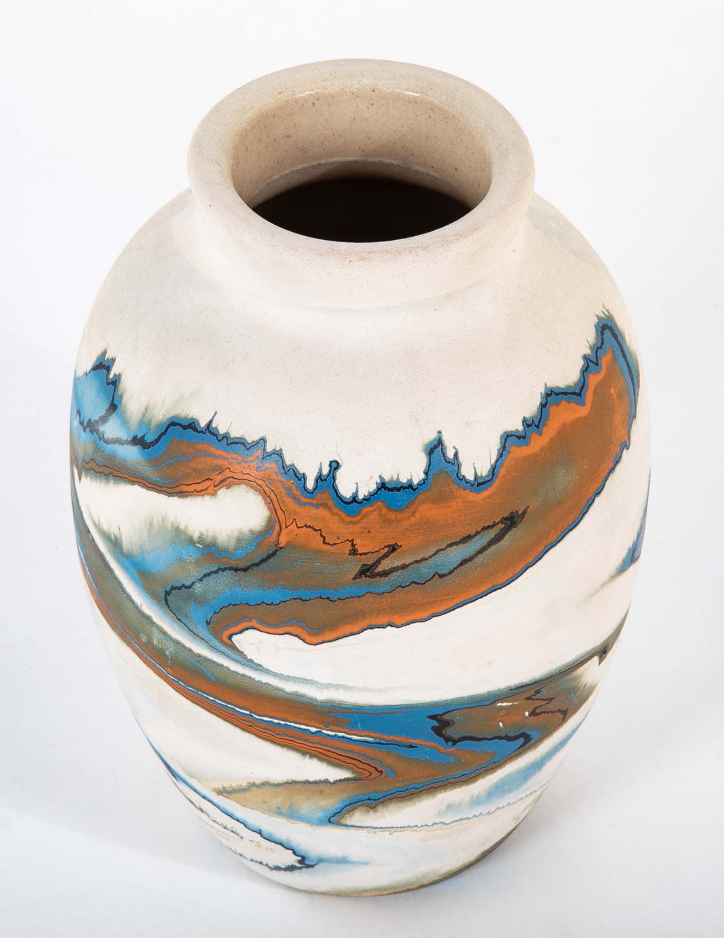 Nemadji Pottery Jar in Beige with Ochre and Blue Swirls