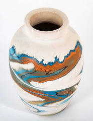 Nemadji Pottery Jar in Beige with Ochre and Blue Swirls