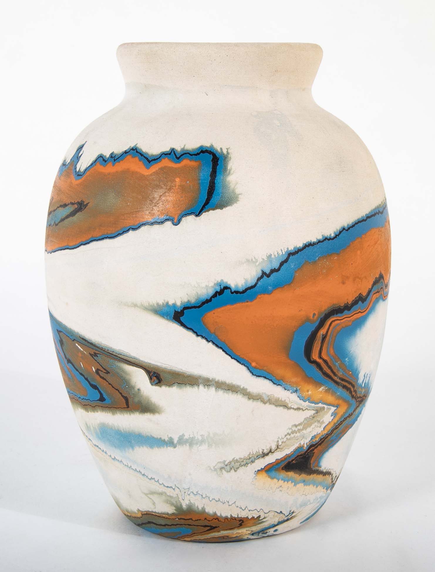 Nemadji Pottery Jar in Beige with Ochre and Blue Swirls