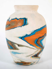 Nemadji Pottery Jar in Beige with Ochre and Blue Swirls