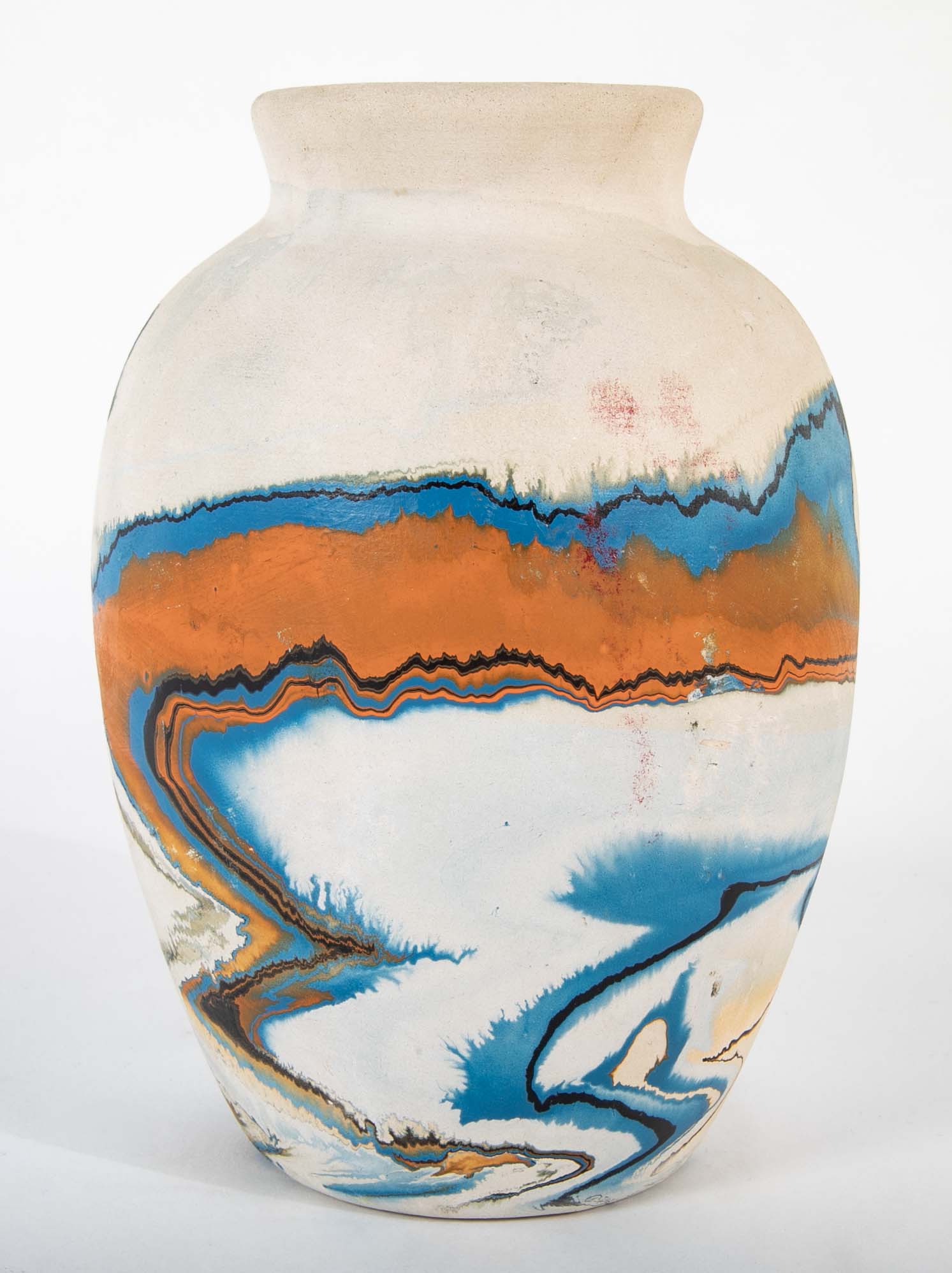 Nemadji Pottery Jar in Beige with Ochre and Blue Swirls
