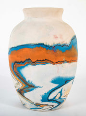 Nemadji Pottery Jar in Beige with Ochre and Blue Swirls