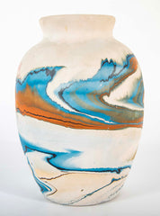 Nemadji Pottery Jar in Beige with Ochre and Blue Swirls