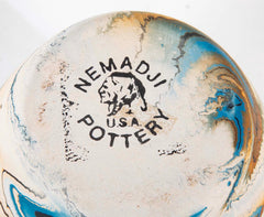 Nemadji Pottery Jar in Beige with Ochre and Blue Swirls