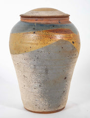 Shigaraki Style Bulbous Brown and Blue Glazed Stoneware Jar with Cover