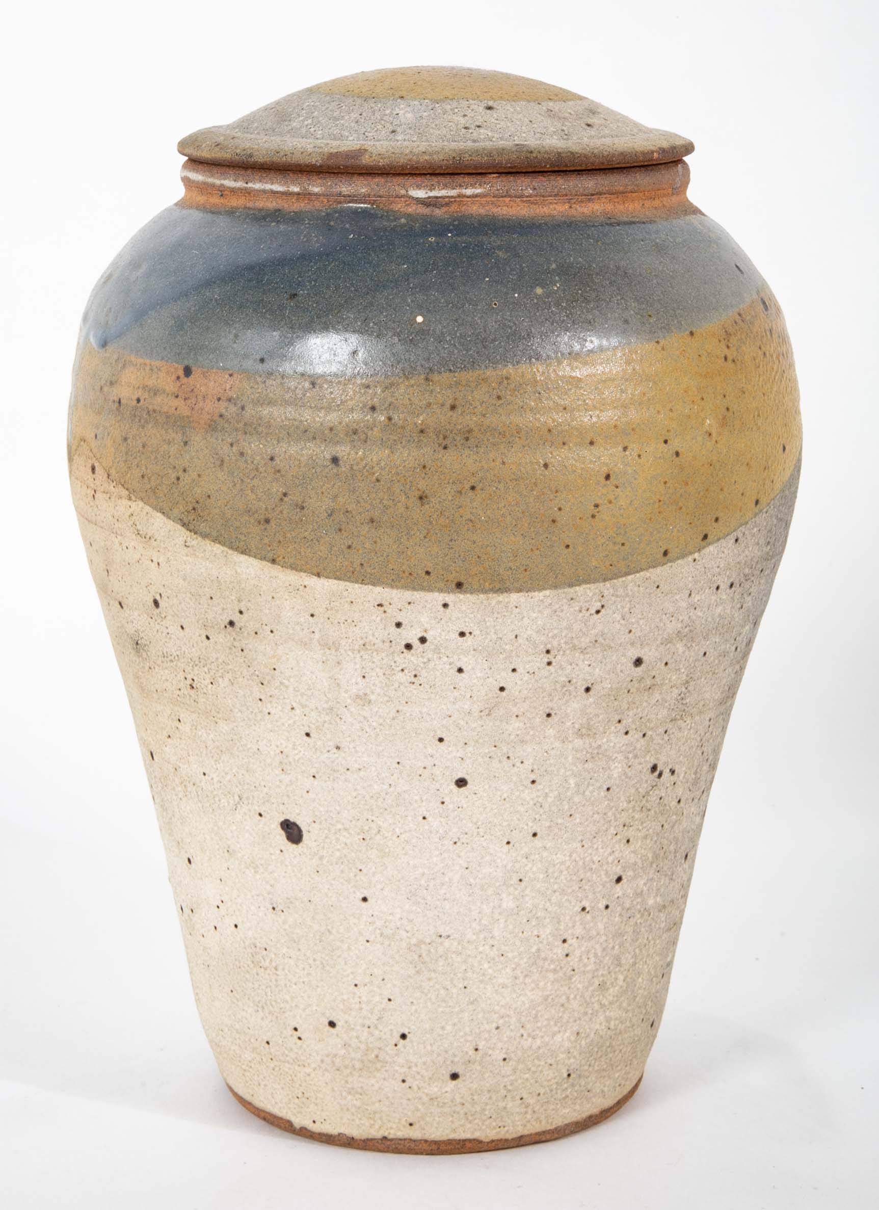 Shigaraki Style Bulbous Brown and Blue Glazed Stoneware Jar with Cover