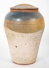 Shigaraki Style Bulbous Brown and Blue Glazed Stoneware Jar with Cover