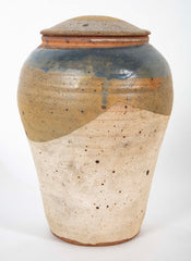 Shigaraki Style Bulbous Brown and Blue Glazed Stoneware Jar with Cover