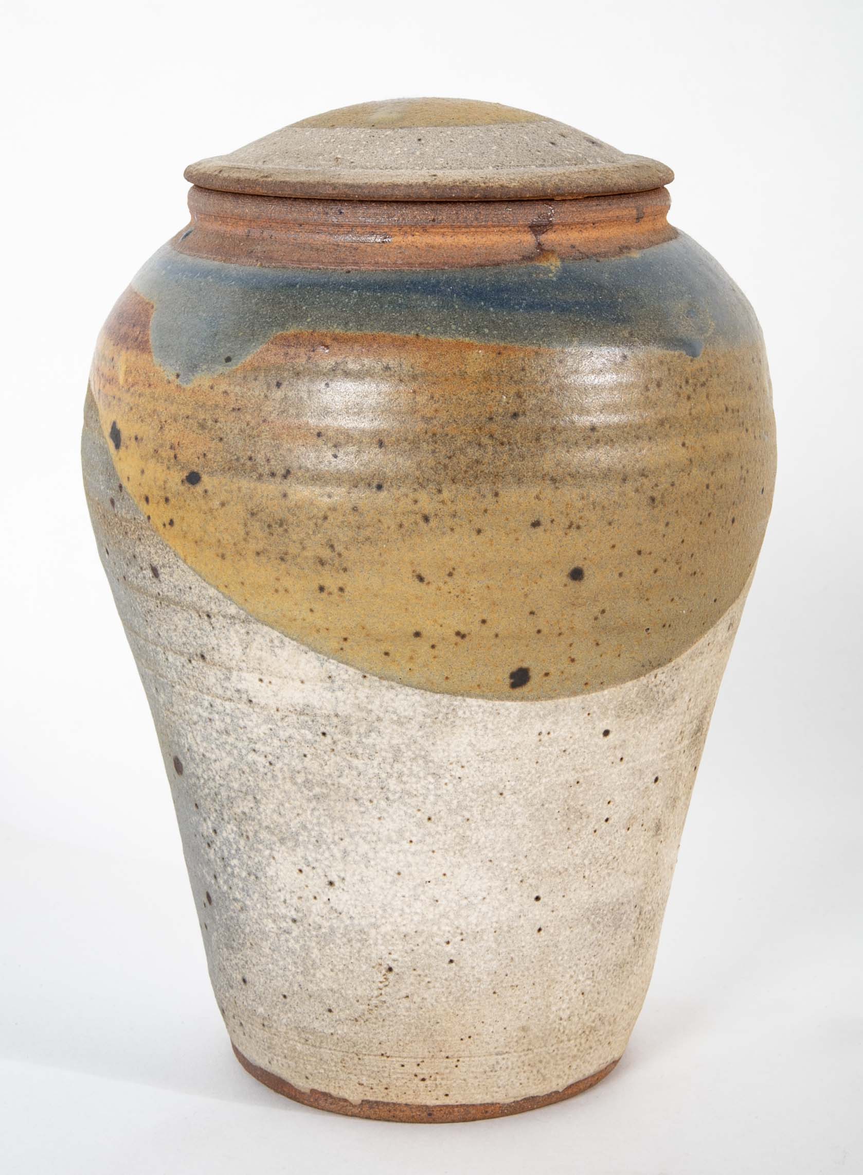 Shigaraki Style Bulbous Brown and Blue Glazed Stoneware Jar with Cover