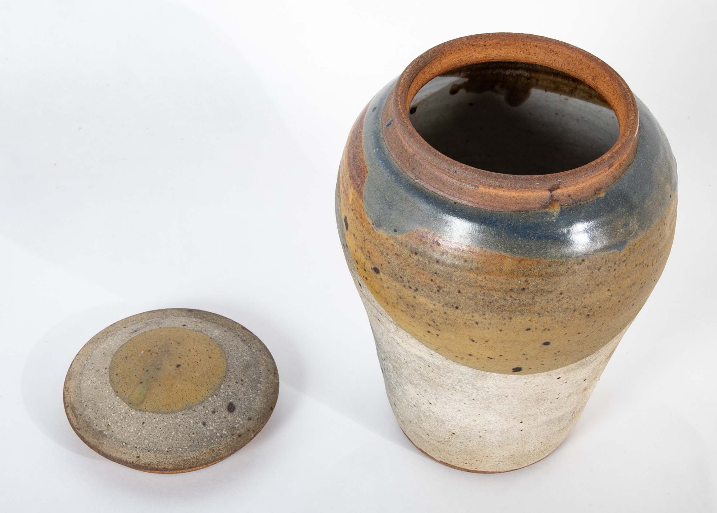 Shigaraki Style Bulbous Brown and Blue Glazed Stoneware Jar with Cover