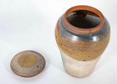 Shigaraki Style Bulbous Brown and Blue Glazed Stoneware Jar with Cover