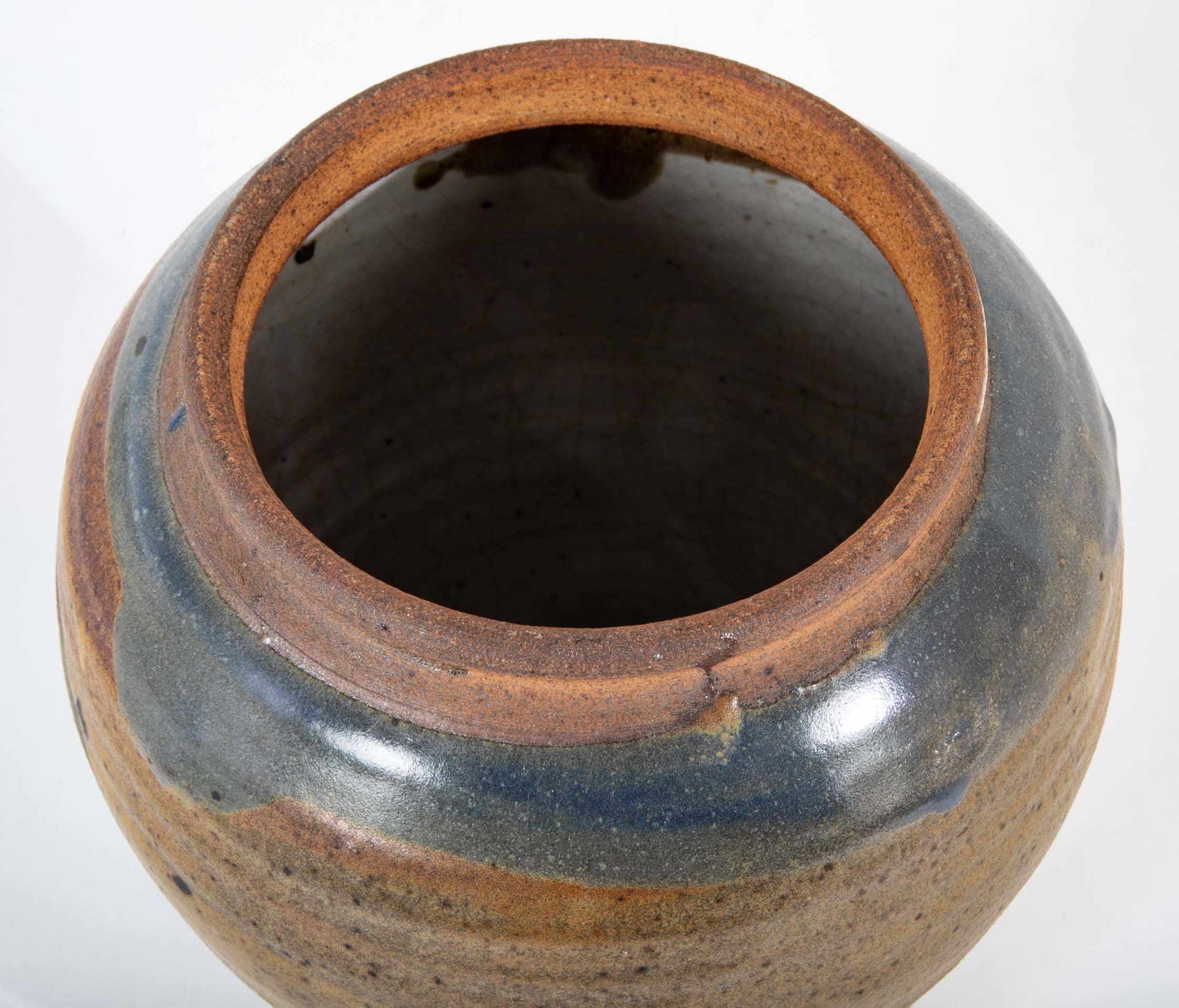 Shigaraki Style Bulbous Brown and Blue Glazed Stoneware Jar with Cover