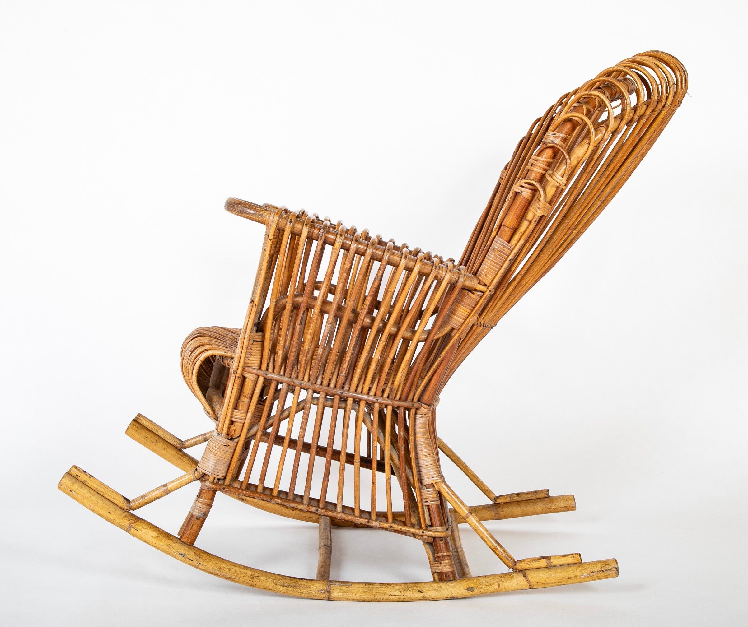 Capacious Italian Rattan Rocking Chair Attributed to Franco Albini