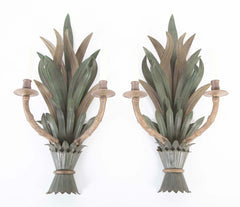 A Pair of Painted Tole and Brass Faux Bamboo Form Wall Sconces