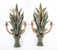 A Pair of Painted Tole and Brass Faux Bamboo Form Wall Sconces