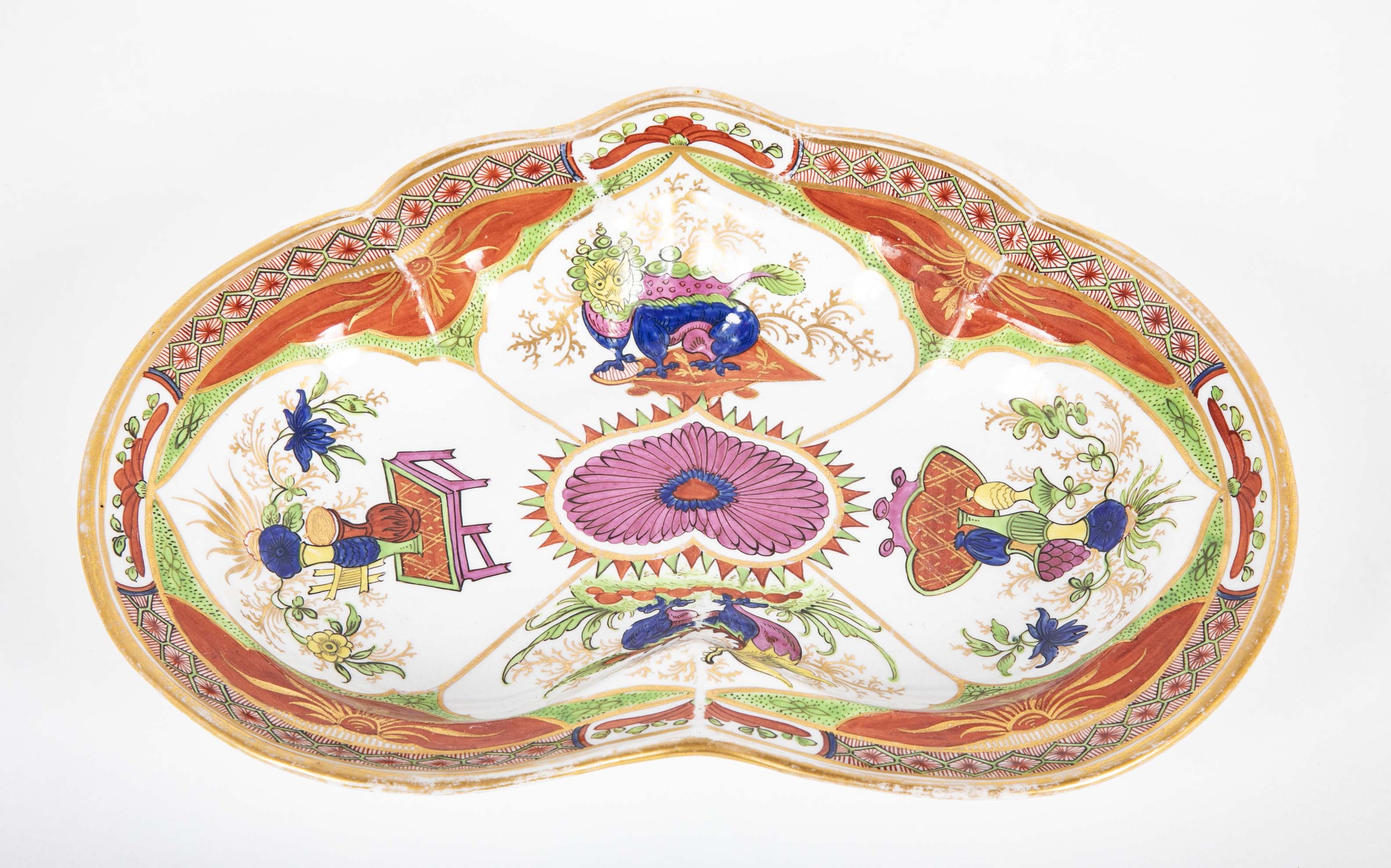 A Dragons in Compartments Scalloped Serving Dish by Chamberlains Worcester