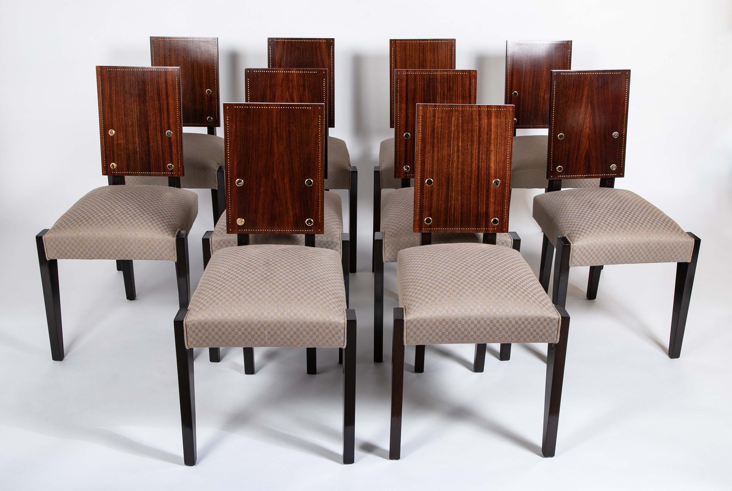 Set of 10 Mahogany Dining Chairs with Brass Medallions by Andre Sornay