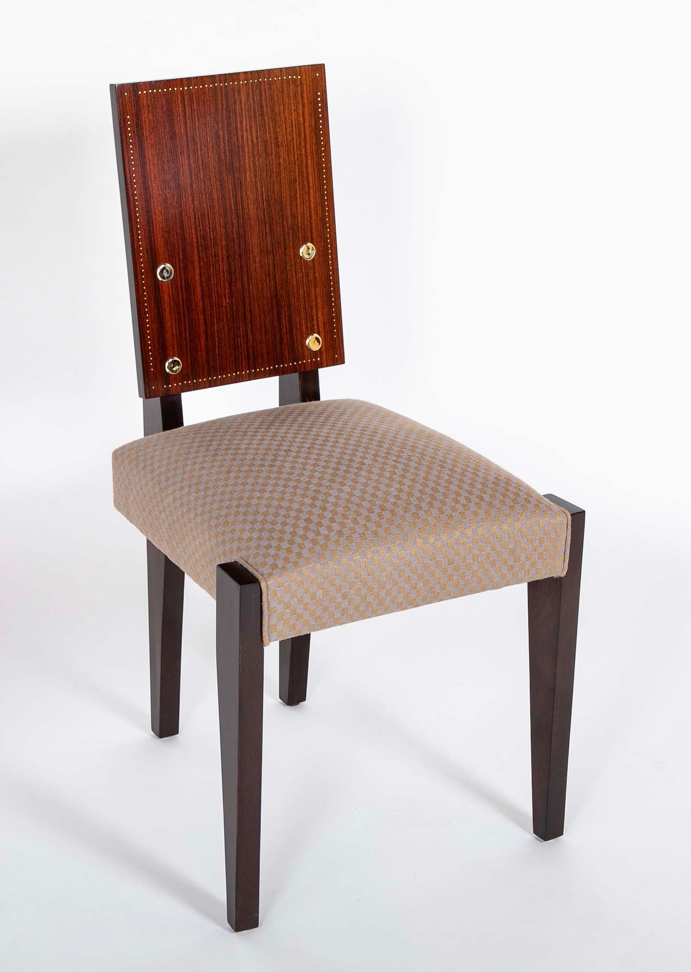 Set of 10 Mahogany Dining Chairs with Brass Medallions by Andre Sornay