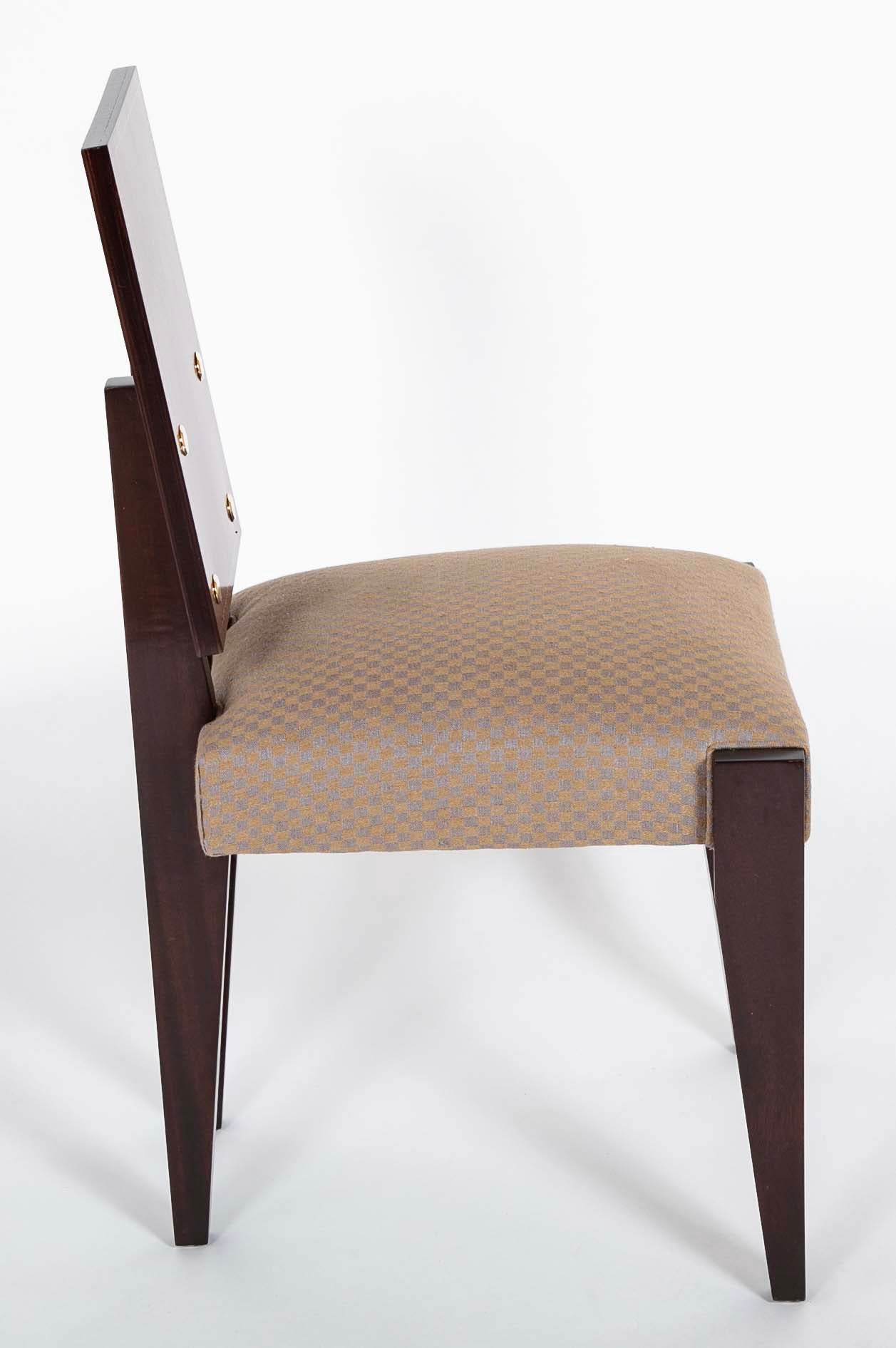 Set of 10 Mahogany Dining Chairs with Brass Medallions by Andre Sornay