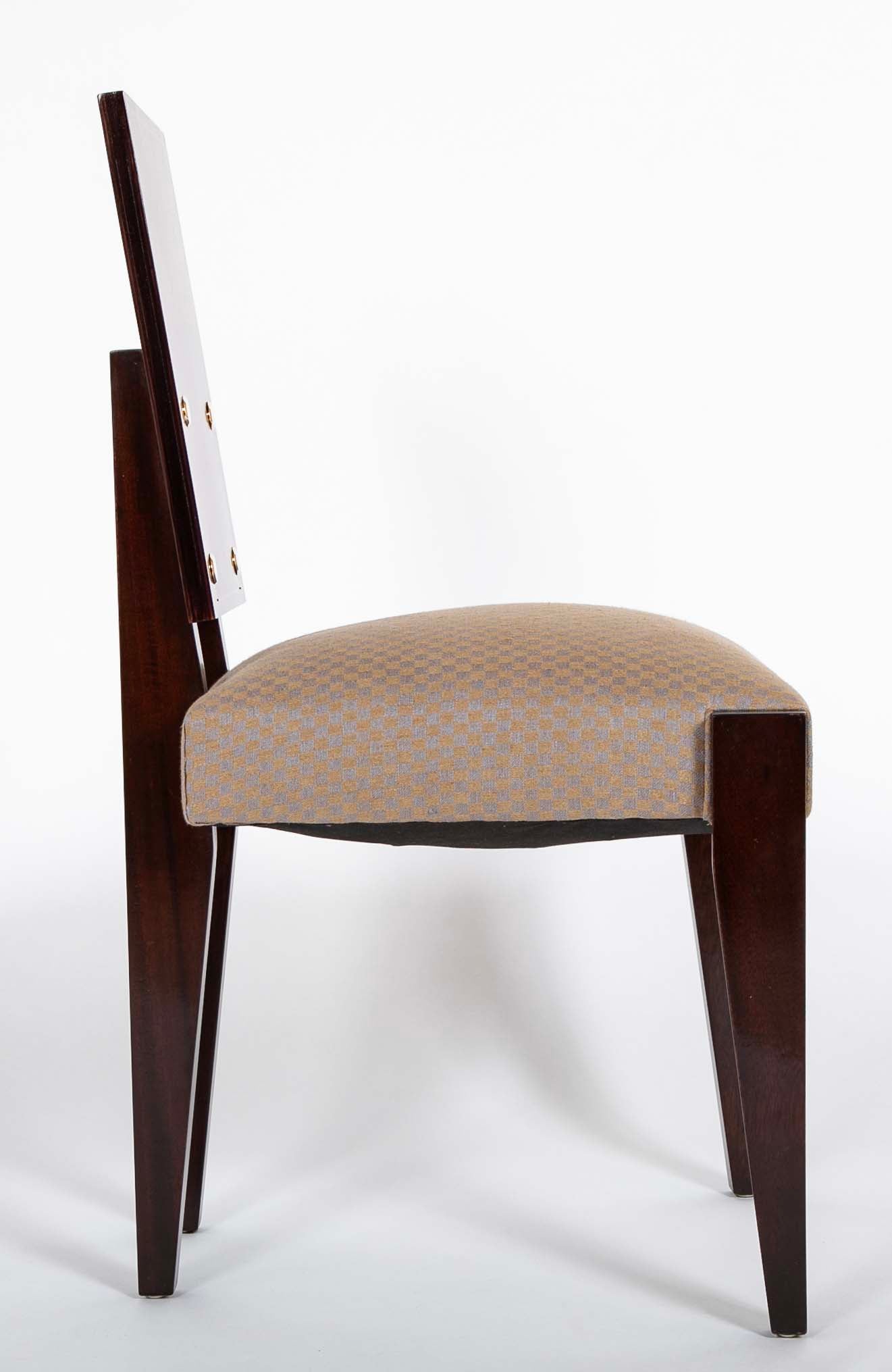 Set of 10 Mahogany Dining Chairs with Brass Medallions by Andre Sornay