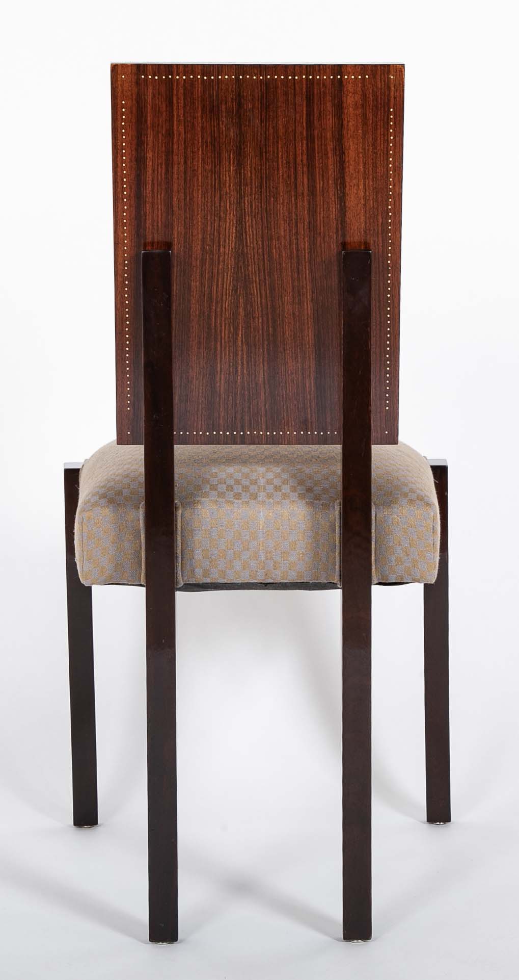 Set of 10 Mahogany Dining Chairs with Brass Medallions by Andre Sornay