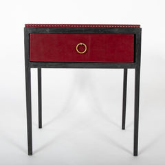 Pair of Red Leather & Wrought Iron Tables After Model of Jean-Michel Frank