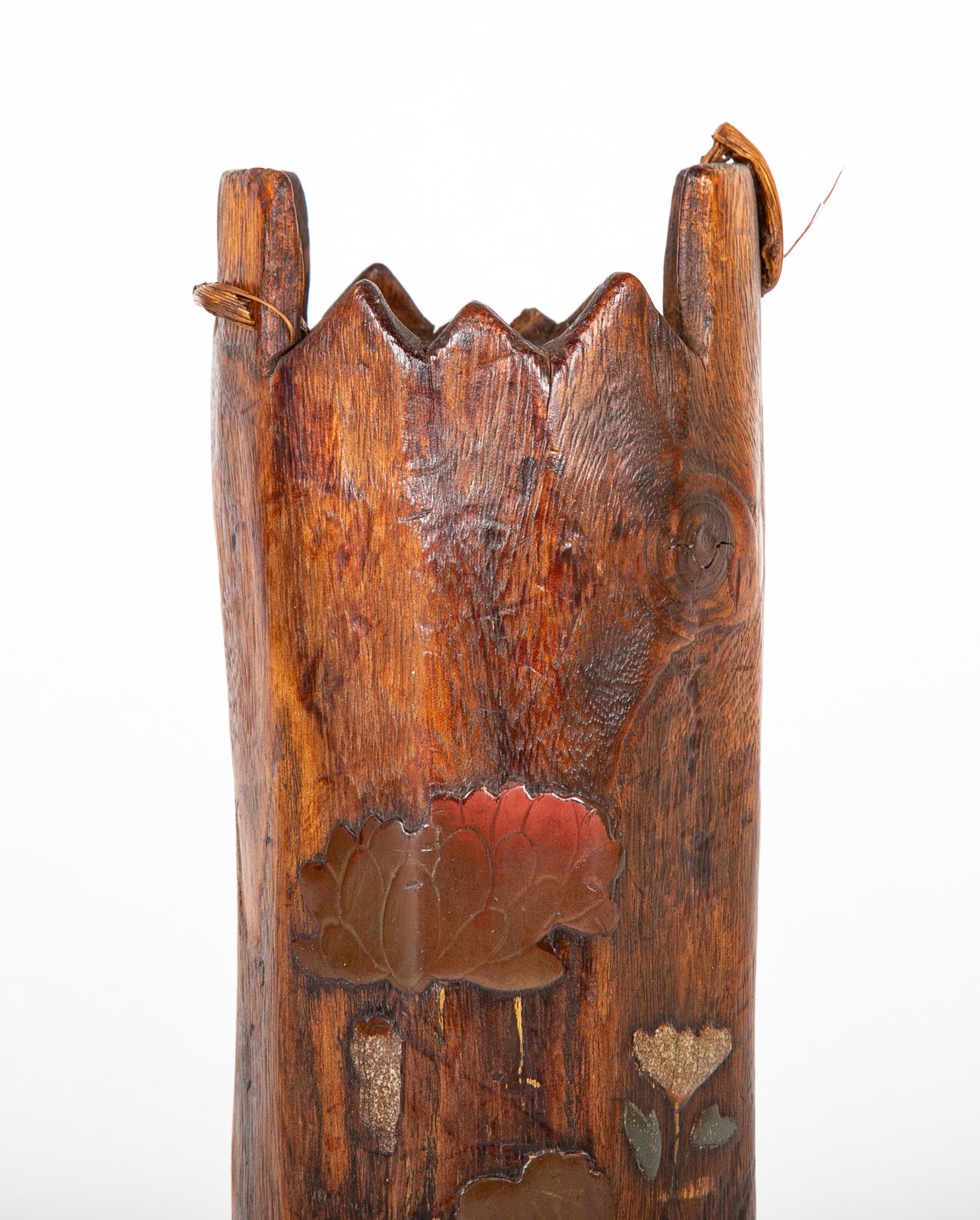 A Meiji Period Japanese Wood Vase with Applied Floral Decor Avery