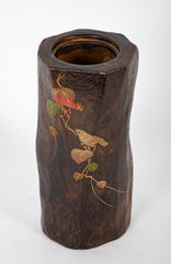 A Japanese Natural Wood Vase with Metal Inlay Decoration