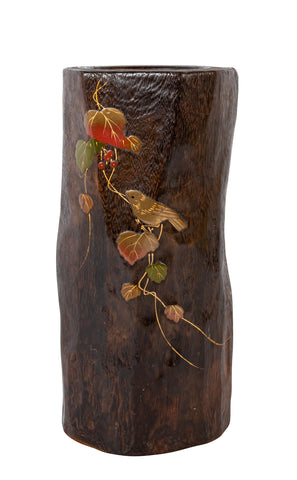 A Japanese Natural Wood Vase with Metal Inlay Decoration
