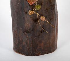 A Japanese Natural Wood Vase with Metal Inlay Decoration