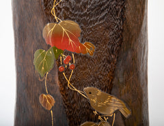 A Japanese Natural Wood Vase with Metal Inlay Decoration