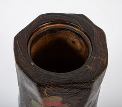 A Japanese Natural Wood Vase with Metal Inlay Decoration