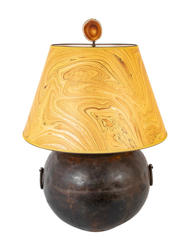 Large Round Metal Vessel with Two Ring Handles Now a Lamp