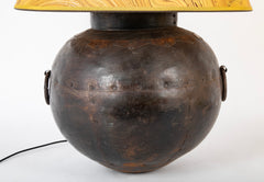 Large Round Metal Vessel with Two Ring Handles Now a Lamp