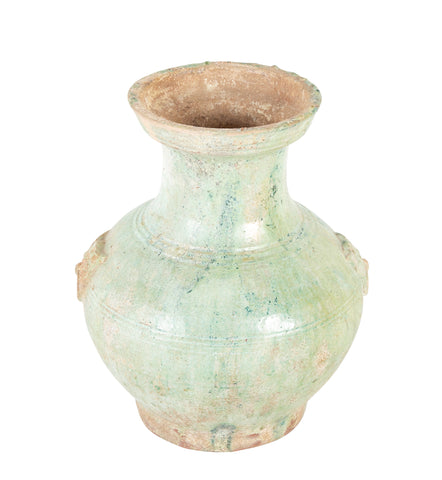 Han Dynasty Pottery Jar with Green Glaze and Molded Masks as Applied Handles