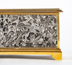 A German Steel & Brass Box with Hunting and Foliate Scenes