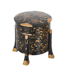 Japanese Four Legged  Black Lacquer Container Having Gilt Scrolling Vine Decor