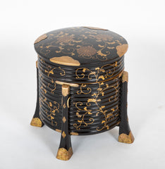 Japanese Four Legged  Black Lacquer Container Having Gilt Scrolling Vine Decor