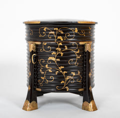 Japanese Four Legged  Black Lacquer Container Having Gilt Scrolling Vine Decor