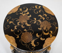 Japanese Four Legged  Black Lacquer Container Having Gilt Scrolling Vine Decor