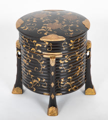 Japanese Four Legged  Black Lacquer Container Having Gilt Scrolling Vine Decor