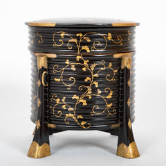 Japanese Four Legged  Black Lacquer Container Having Gilt Scrolling Vine Decor