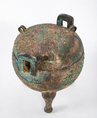 A Chinese Archaic Ding Style Bronze Covered Vessel