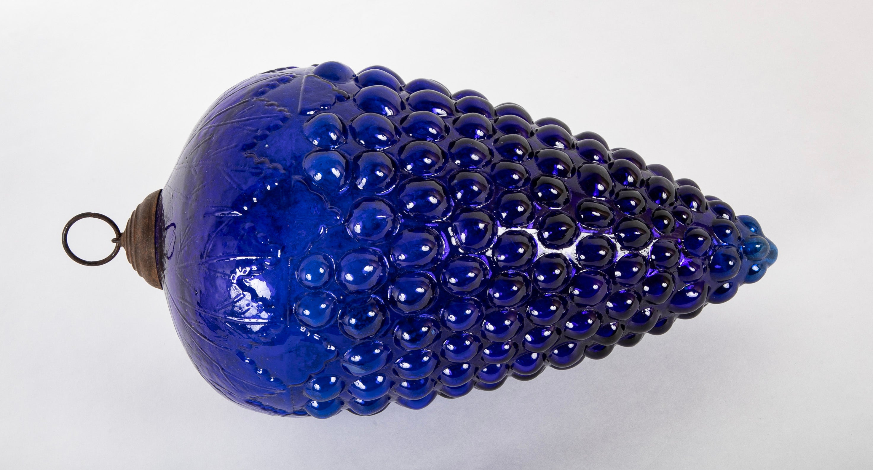 Antique Kugel Blue Glass Grape Cluster Form Ornament with Brass Suspension