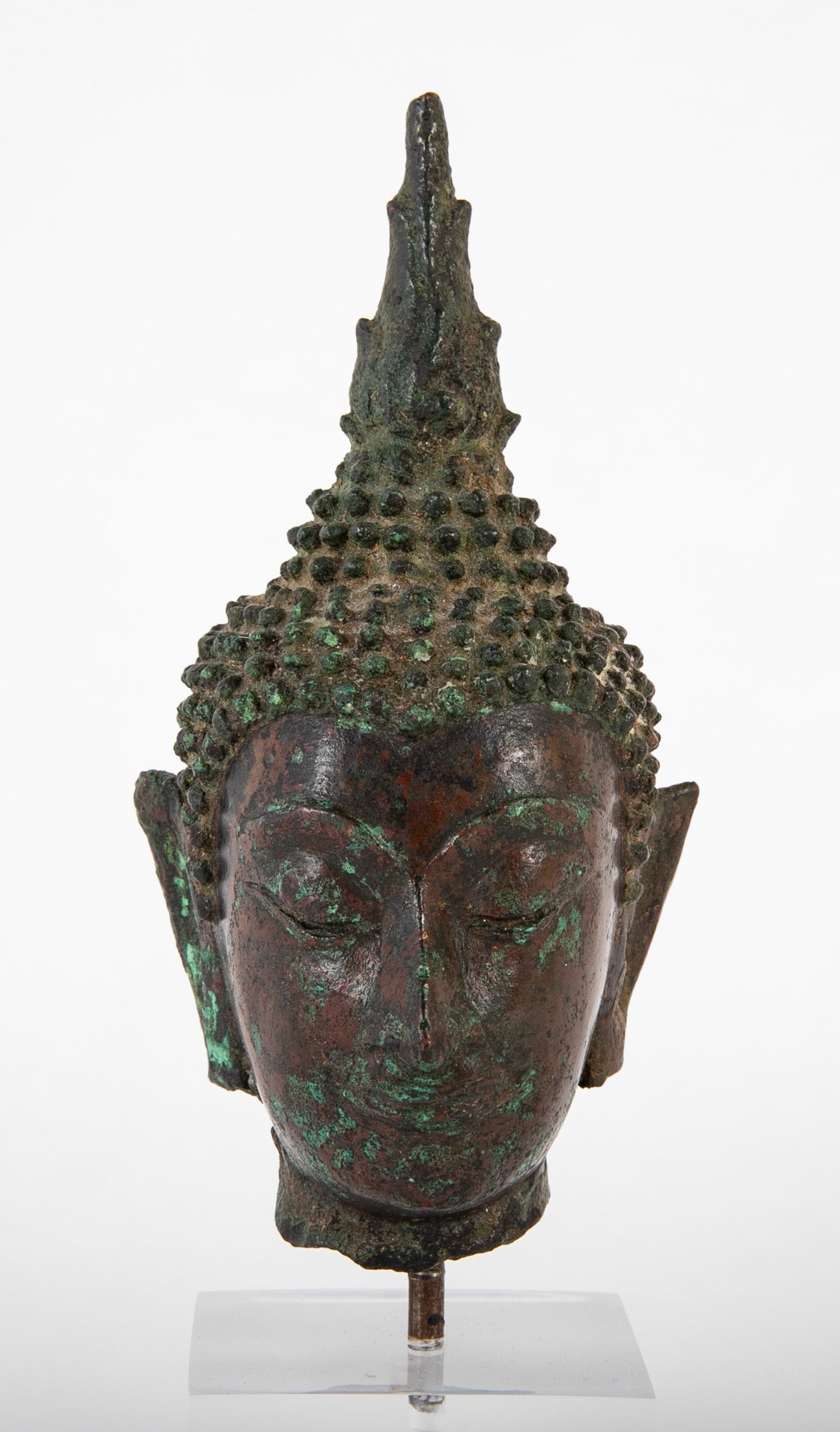 Early 19th Century Bronze Head of Buddha on Contemporary Lucite Stand
