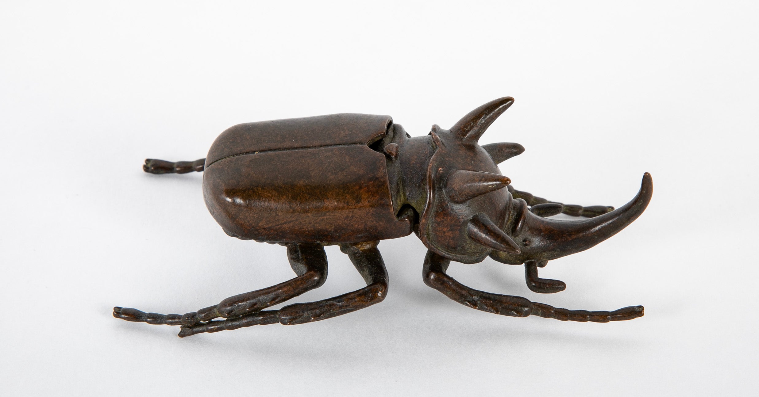 Japanese Patinated Bronze Rhinoceros Beetle with Opening Back