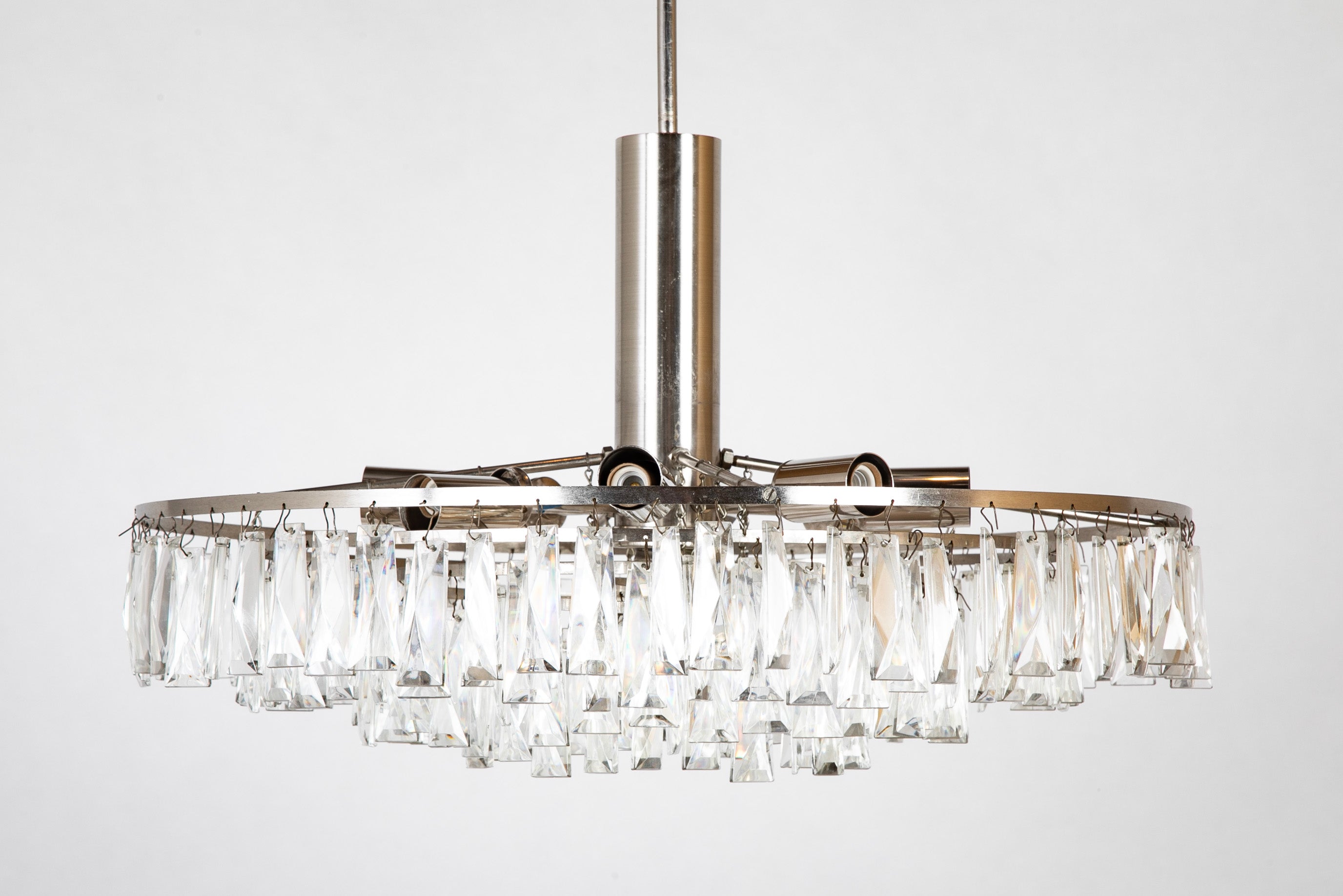 Clear Prism Chandelier with Nickel Plated Concentric Circles as Frame
