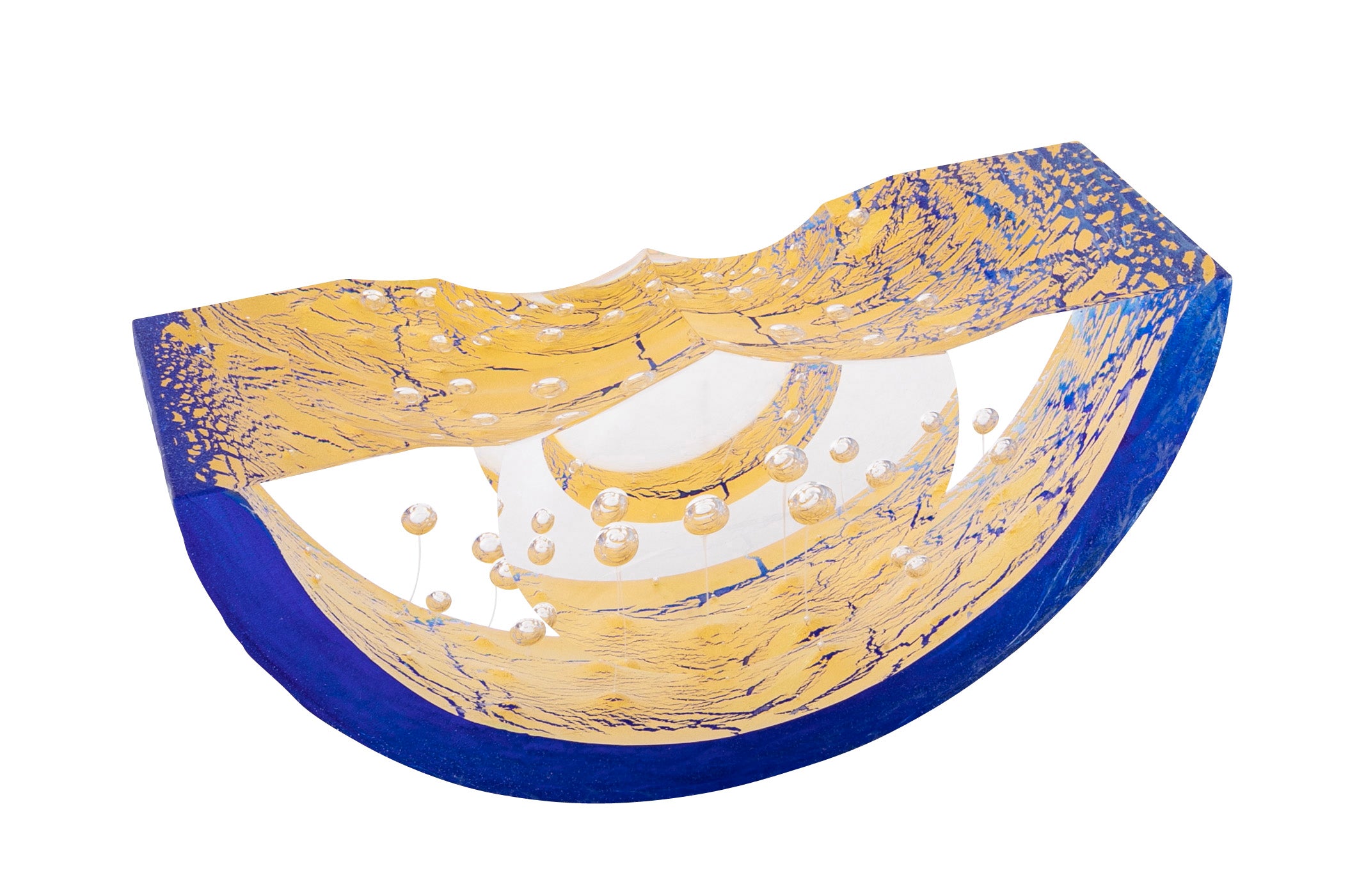 "Thimbles Boat" Contemporary Blue & Clear with Splashes of Gold Glass Sculpture by Steven Weinberg